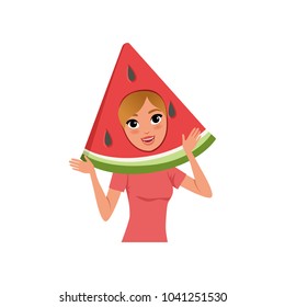 Smiling woman character in watermelon fruit headwear vector Illustration on a white background