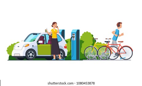 Smiling woman charging electric car at recharging power station charger. Sporty man jogging. Bikes standing on bicycle parking. Modern technology environment care concept. Flat vector illustration