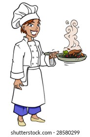 Smiling Woman Chef Frying And Tossing Food With A Frying Pan.