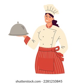 Smiling woman chef in toque and uniform. A woman holds a platter cloche in her hand. Portrait of a happy kitchen worker. Flat style isolated on white. Vector illustration.