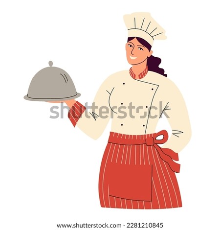 Smiling woman chef in toque and uniform. A woman holds a platter cloche in her hand. Portrait of a happy kitchen worker. Flat style isolated on white. Vector illustration. Foto stock © 