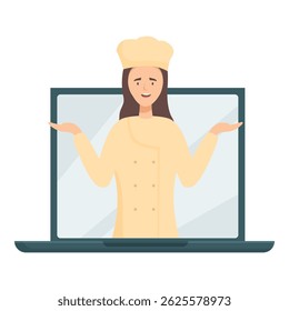 Smiling woman chef in uniform giving online course, masterclass, webinar, workshop using laptop