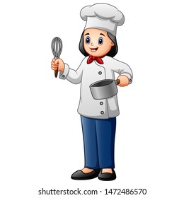 Smiling woman chef in uniform isolated on white background