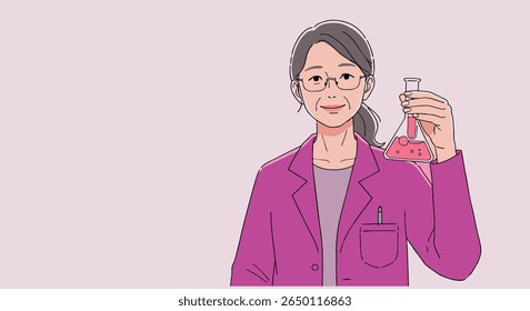 Mulher sorridente química no laboratório de ciências, mostrando experimento químico em copo, ilustrado em estilo moderno plano.