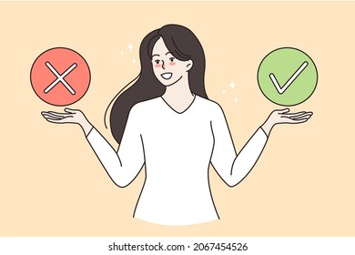 Smiling woman choose among yes or no answer. Happy female make choice or decision with positive negative checkmark. Voting, feedback, customer survey concept. Vector illustration. 