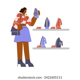 Smiling woman chooses iron at electronic shop flat style, vector illustration isolated on white background. Decorative design element, shelves with different irons, household appliance