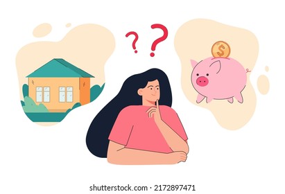 Smiling woman choosing between buying property and saving money. House and piggybank with gold coin flat vector illustration. Real estate, savings, finances, budget concept for banner, website design