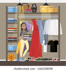 Smiling woman choosing clothes in the wardrobe. Clothing, bags and shoes. Red dress on hanger. Vector flat illustration