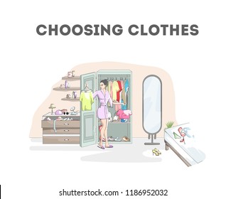 Smiling woman choosing clothes in the wardrobe. Clothing, bags and shoes. Shirt on hanger. Vector flat illustration