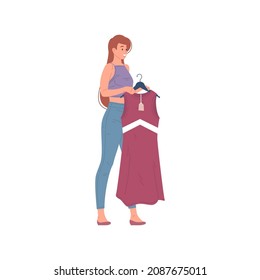 Smiling woman choosing dress at store carrying on hang for trying vector flat illustration. Happy modern casual female enjoying shopping with fashion elegance apparel garment isolated on white
