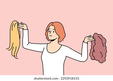 Smiling woman choosing wig. Happy girl with wigs of different hair type. Hairstyle and haircare. Vector illustration. 