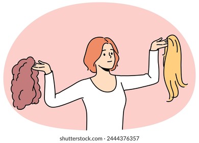 Smiling woman choosing wig. Happy girl with wigs of different hair type. Hairstyle and haircare. Vector illustration.