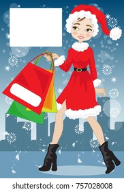 Smiling Woman In Christmas Dress With White Banner For Text