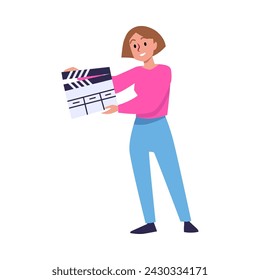 Smiling woman with clapperboard flat style, vector illustration isolated on white background. Decorative design element, video production, filming, media industry