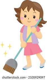 A smiling woman cleaning with a broom
