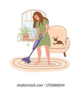 Smiling woman is cleaning room at home with a vacuum cleaner on the window background. Stay home and virus quarantine concept.  Happy people at home. Vector illustration in flat style