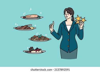 Smiling woman client with stars in hand rate dishes in restaurant. Happy female customer assess food or high quality service for outdoor eating. Feedback and opinion. Vector illustration. 