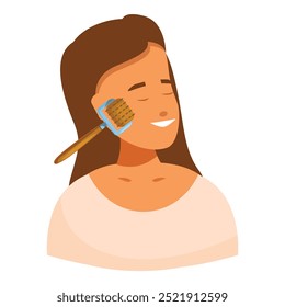 Smiling woman with closed eyes using a derma roller on her face for skin care treatment