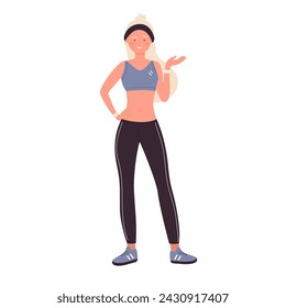 Smiling woman coach in standing pose. Welcoming female sport trainer vector illustration