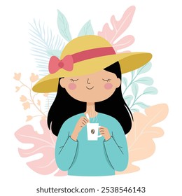 Smiling woman with a coffee cup, wearing a hat, surrounded by illustrated nature elements.