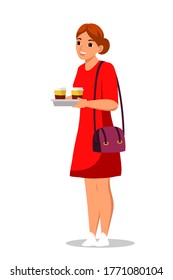 Smiling woman coffee lover standing isolated on white background. Positive girl character carrying takeaway cup of hot aroma espresso beverage on tray. Refreshment and morning breakfast