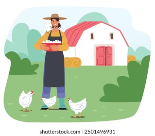 Smiling Woman Collects Fresh Eggs In A Basket On A Sunny Farm Day, Symbolizing Self-sufficiency And Organic Farming. Female Farmer Character Working on Summer Ranch. Cartoon People Vector Illustration