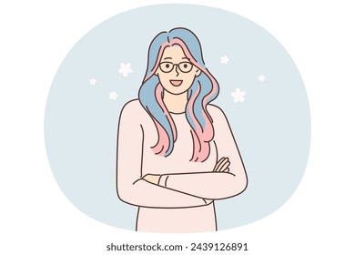 Smiling woman with colorful hair posing with hands crossed. Happy girl with dyed hair feeling optimistic and confident. Hairstyle and haircare. Vector illustration.