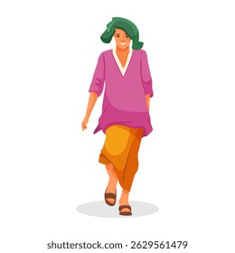 Smiling woman in colorful traditional clothing walking, flat style, white background. Concept of cultural fashion and positivity. Vector illustration