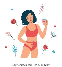 Smiling woman in comfortable underwear with menstrual cup, eco-friendly feminine hygiene product for menstruation period, critical days. Vector isolated illustration on white background