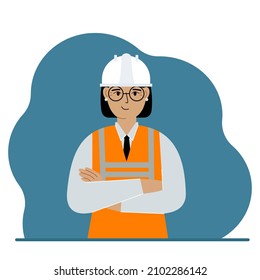 Smiling woman construction worker in a white helmet and an orange vest. Engineer. Vector