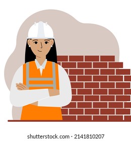 Smiling woman construction worker in a white helmet and an orange vest. Engineer. Vector flat illustration