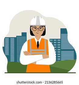 Smiling woman constructor against the backdrop of the city and high apartment buildings. Vector flat illustration