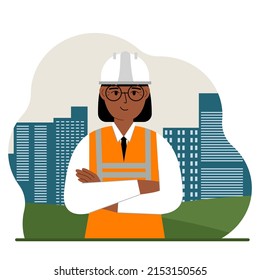 Smiling woman constructor against the backdrop of the city and high apartment buildings. Vector flat illustration