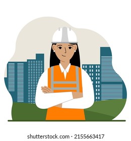 Smiling woman constructor against the backdrop of the city and high apartment buildings. Vector flat illustration