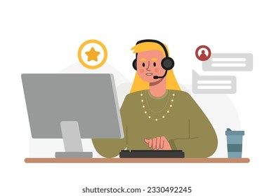 Cliente sonriente de consultoría, trabajando en un centro de llamadas. Consulta telefónica, videollamadas, apoyo y atención. Haz la cita por teléfono. Ilustración vectorial plana en estilo de dibujos animados