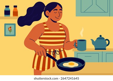 Smiling woman cooking breakfast with fried egg and coffee mug in morning kitchen
