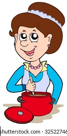 Smiling woman cooking at home - vector illustration.