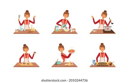 Smiling Woman Cooking at Kitchen Table Set, Cheerful Girl Preparing Food and Baking Cartoon Vector Illustration