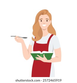 Smiling Woman Cooking with a Recipe Book. Flat vector illustration isolated on white background