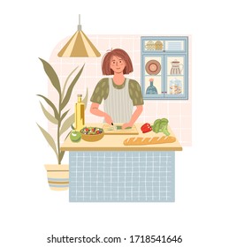 Smiling woman cooking salad on kitchen table. Girl preparing homemade meals. Vegetarian cuisine. Flat cartoon vector illustration.