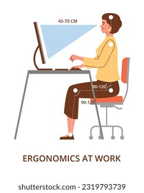 Smiling woman with correct posture works at computer flat style, vector illustration isolated on white background. Ergonomics at work, decorative design, correct angles and distance