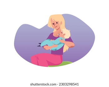 Smiling woman cradling baby in arms flat style, vector illustration isolated on white background. Bedtime, charming sleeping child with pacifier, decorative design element