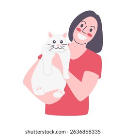 Smiling Woman Cuddling Fluffy White Cat