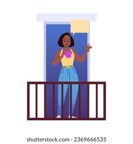 Smiling woman with cup of coffee in hand and greeting gesture on balcony, flat vector illustration isolated on white background. Neighborliness and friendly neighborhood.