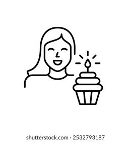 Smiling woman, cupcake and lit candle. Joyful celebration, birthday party or important milestone. Pixel perfect, editable stroke icon