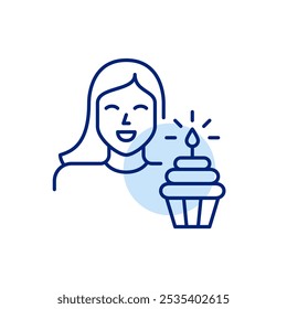 Smiling woman, cupcake and lit candle. Joyful celebration, birthday party or important milestone. Pixel perfect vector icon