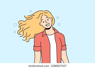 Smiling woman with curly hair have fun walking and enjoying day. Happy girl feel overjoyed relaxing on street in summer. Vector illustration. 