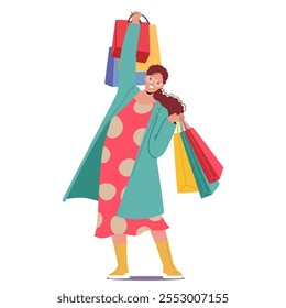 Carácter sonriente de la historieta del Cliente de la mujer que lleva muchos bolsos de compras con compras de la moda y de los regalos en manos aisladas en el fondo blanco. Consumo y personas adictas a las compras Ilustración vectorial