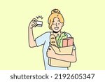 Smiling woman customer shopping in supermarket with credit card. Happy female client grocery shopping with banking system. Vector illustration. 