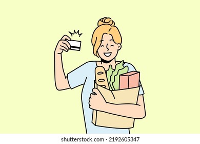 Smiling woman customer shopping in supermarket with credit card. Happy female client grocery shopping with banking system. Vector illustration. 